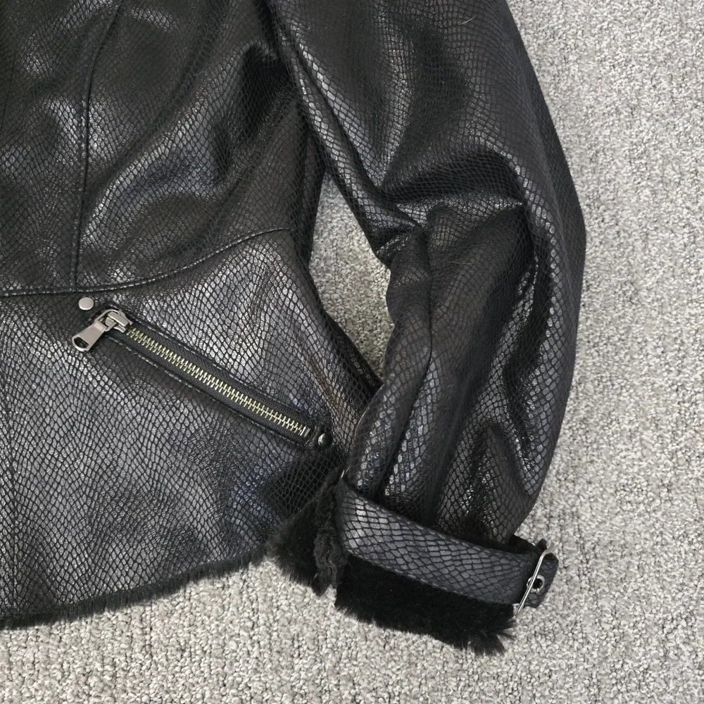 VTG Cache Faux Snakeskin Shimmer Leather Fur Trim Zip Jacket Womens‎ L